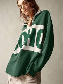 Bohemela 女士休闲运动针织拼布领长袖宽松常规卫衣波西米亚风衬衫波西米亚风上衣女士卫衣秋冬绿色卫衣 - 彩色 - 查看 6