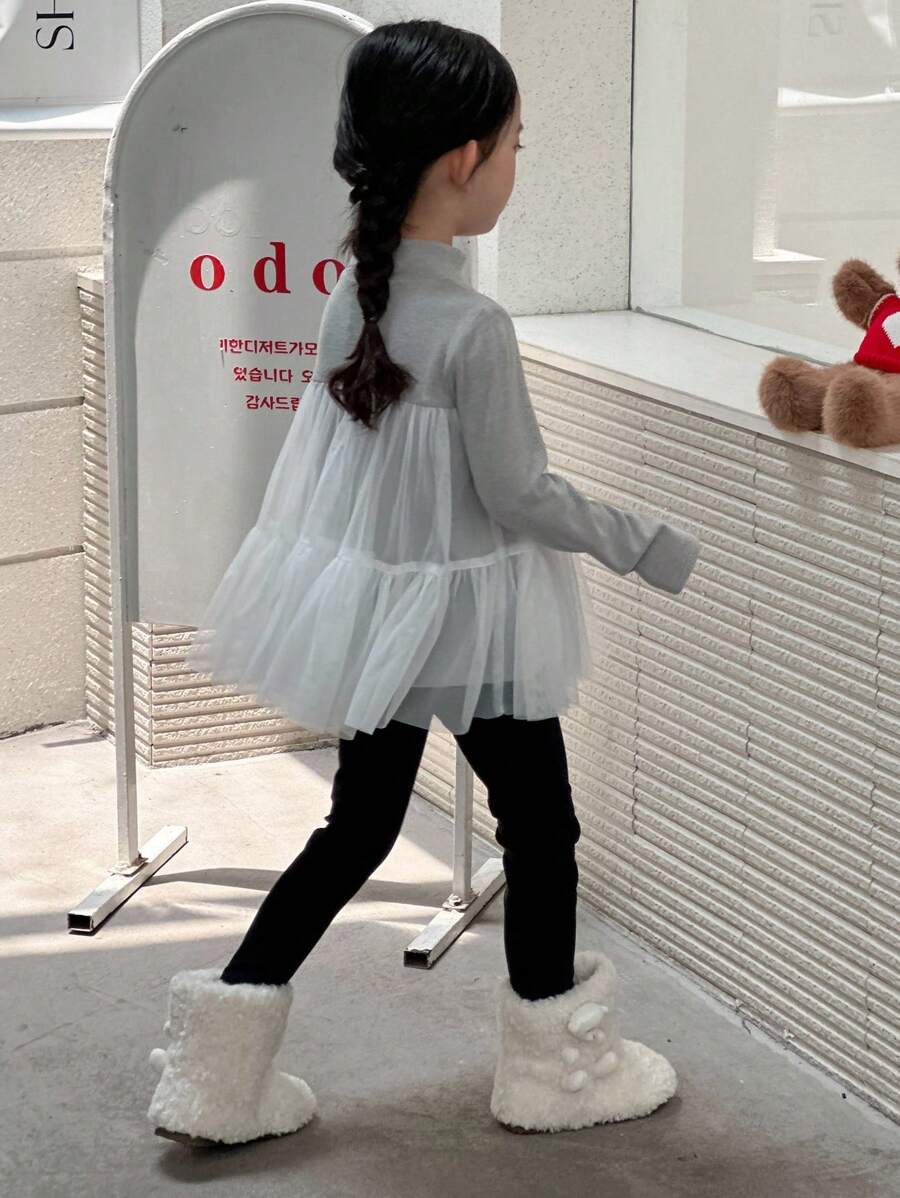 DAZY Young Girls Contrast Color Mesh Long Sleeve Korean Style T-Shirt