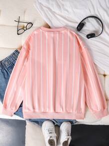 Teen Girl Casual Pullover Sweatshirt, Round Neck Pink Fabric Black Letter Print, Suitable For School, Sports, Commuting, Travel, Can Be Paired With Pants, Sweatpants, Jackets Fall Winter - Pink - View 2