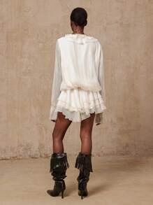 Lumalex VITNOS 秋冬聚会宴会端庄老钱风骚闪光节日派对狂欢节郊游度假热门户外丰富层次婚礼季宴会 VITNOS 女式纯色 3D 花卉装饰前系带长袖时尚迷你连衣裙 - 杏色 - 查看 3