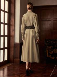 ZEYLAH Fashionable & Elegant Pleated Waist A-Line Long Windbreaker, Autumn/Winter