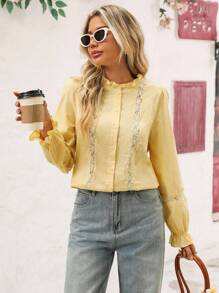 Vivid Eden Women's Lace Trim Long Sleeve Button-Up Yellow Blouse ,Fall Women Clothes, Yellow Lace Blouse, Women Yellow Top, Light Yellow Top, Women Blouses Elegant, Lace Shirts,Going Out Tops Women - Yellow - View 5