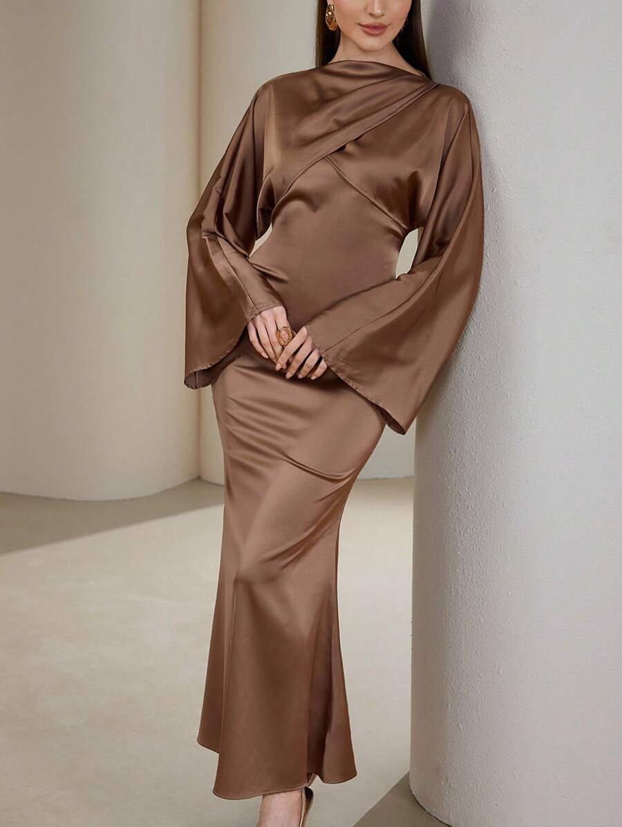 Veilorie Váy đuôi cá tay loe màu trơn thanh lịch dành cho nữ - Màu nâu  Mocha - Xem 1