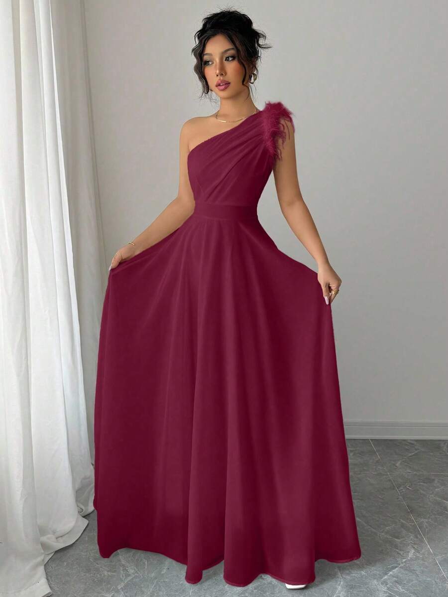 Modelyn French Retro Fairy-Like Shoulder Dress - Burgundy - View 1