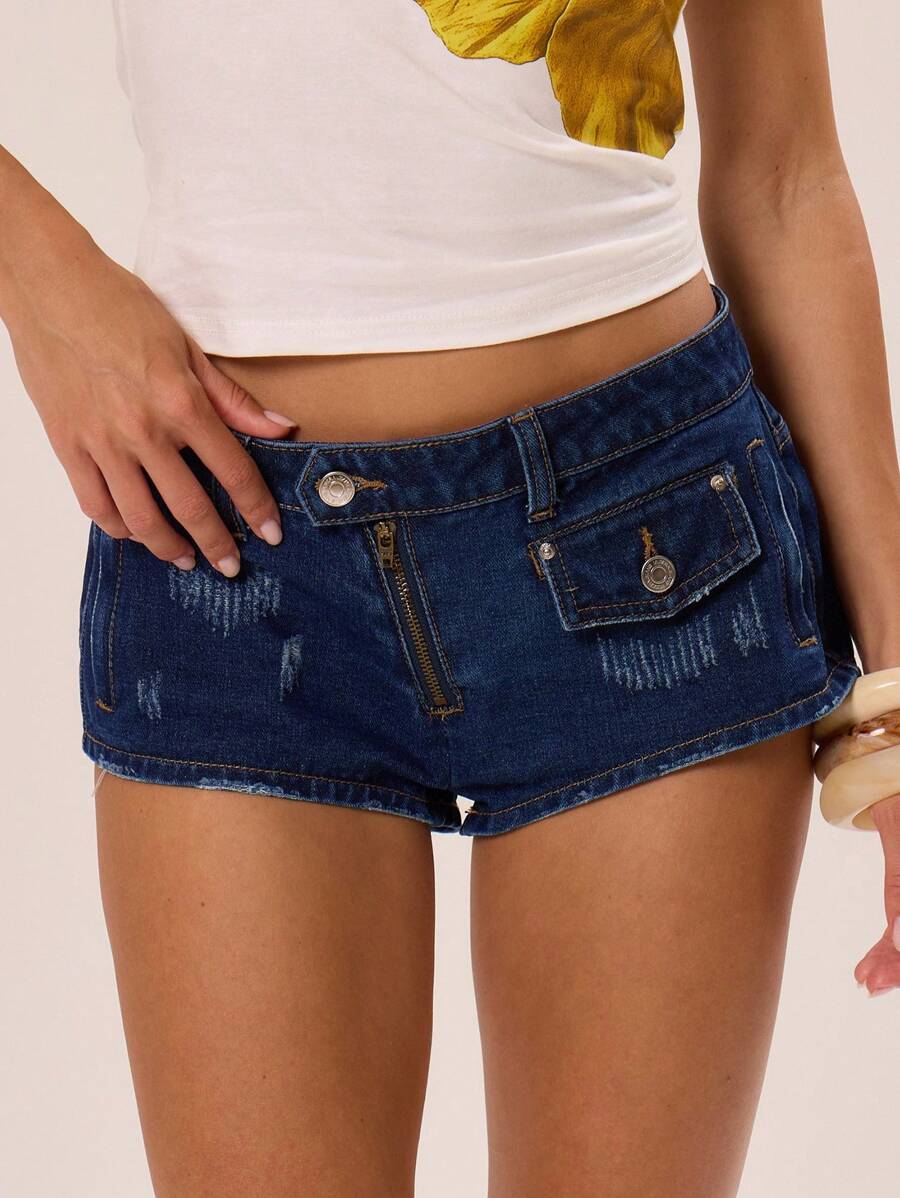 MUSERA Denim Distressed Low Rise Micro Shorts Festival Concert Rave Club Summer Sexy Backstage Holiday Vacation Ibiza Beach Chic Spring - Medium Wash - View 1