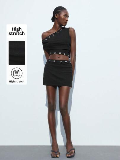 Maija 2pcs/Set 2025 New Arrival French Ribbed Metallic Decor Hollow Out One Shoulder Slim Knitted Top Black Two Piece Black Skirt Set Black Crop Top Women Grommet Top,Summer Outfits For Women,Summer Clothes,European Summer,Country Concert Outfit,Country Outfits Women,Country Outfits Women,Beach Vacation Outfits,Club Outfits,Teacher Outfits For Women,Fall Women Clothes Black Two Piece Set Women Black Mini Skirt Set Women Two Piece Outfits Black Grommet Two Piece Set,Old Money Style Women ,Halloween