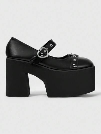 Grunge Punk Décolleté stile punk Mary Jane con tacco super alto, design con fibbia a forma di cuore, tacco a zeppa nero adatto per festa, uso quotidiano, abiti da sera, per aumentare l'altezza e allungare le gambe, tacchi alti comodi e versatili