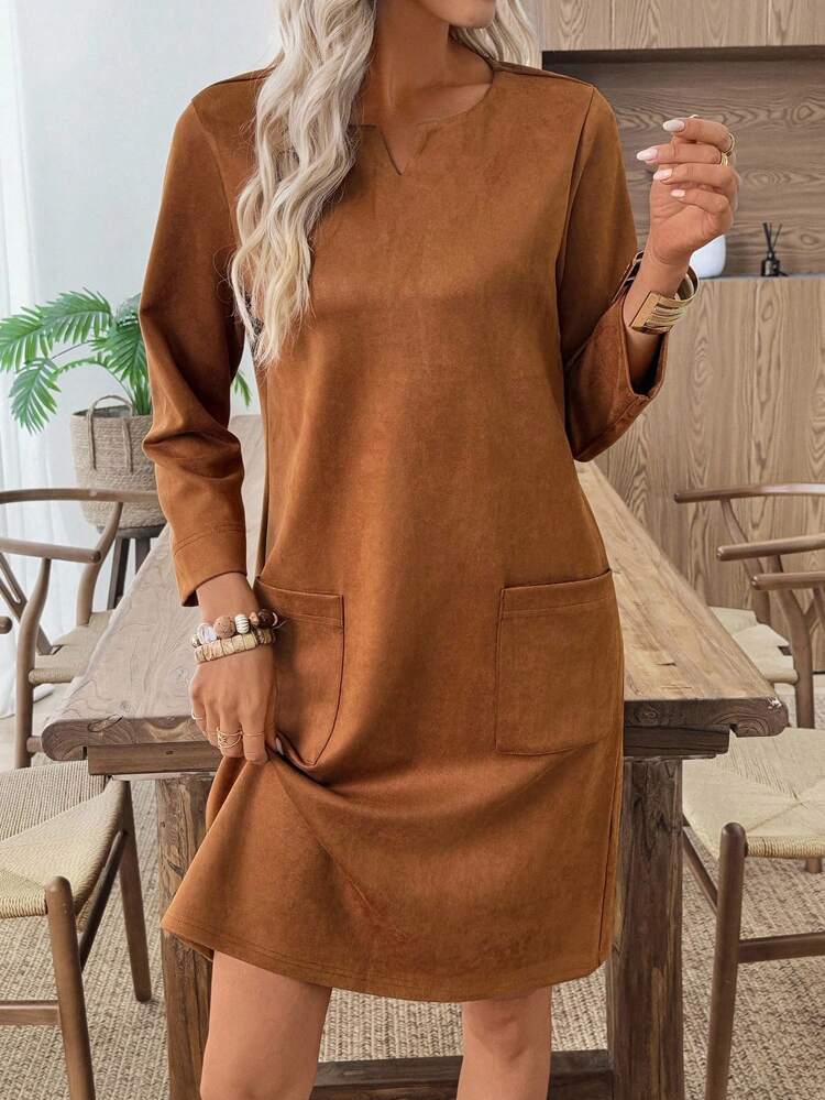 Women's Solid Color V-Neck Long Sleeve Dual Pocket Casual Loose Mini Dress Brown Dress Women Long Sleeve Dress Women Pocket Dress Rust Brown Dress Suede Dress