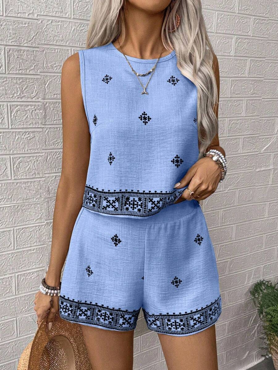 EMERY ROSE Women's Floral Print Round Neck Sleeveless Top And Shorts Casual 2 Pieces Set - Baby Blue - View 1