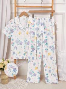 女童修身休闲轻便睡衣套装，优雅彩色花卉印花翻领开衫和长裤，2 件套家居服 - 白色 - 查看 1