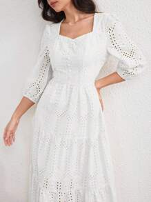 Modelyn Women's Long Embroidered Puff Sleeve Square Neck Elegant Romantic Dress, Light Yellow, Spring/Summer - White - View 7