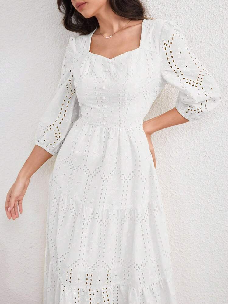 Modelyn Vestido elegante y romántico de manga abullonada larga, cuello cuadrado y bordado para mujer, color amarillo claro, primavera/verano - Blanco - Añade 7