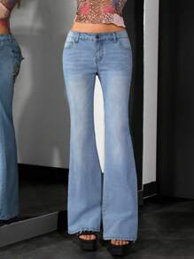 Jeanoix Y2K Butterfly Embroidered Low Stretch Washed Denim Flare Pants - Light Wash - View 2