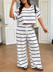 SHEIN EZwear Plus Size Striped T-Shirt And Casual Pants 2 Pieces Set, Summer - Multicolor - View 1