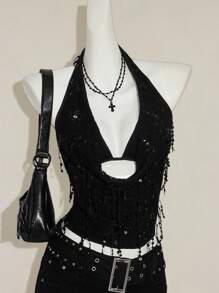 SHEIN ICON Women's Black Fringe Sequin Sheer Mesh Draped Neck Backless Crop Top Two Pieces Set Black Sequin Top - Black - View 7