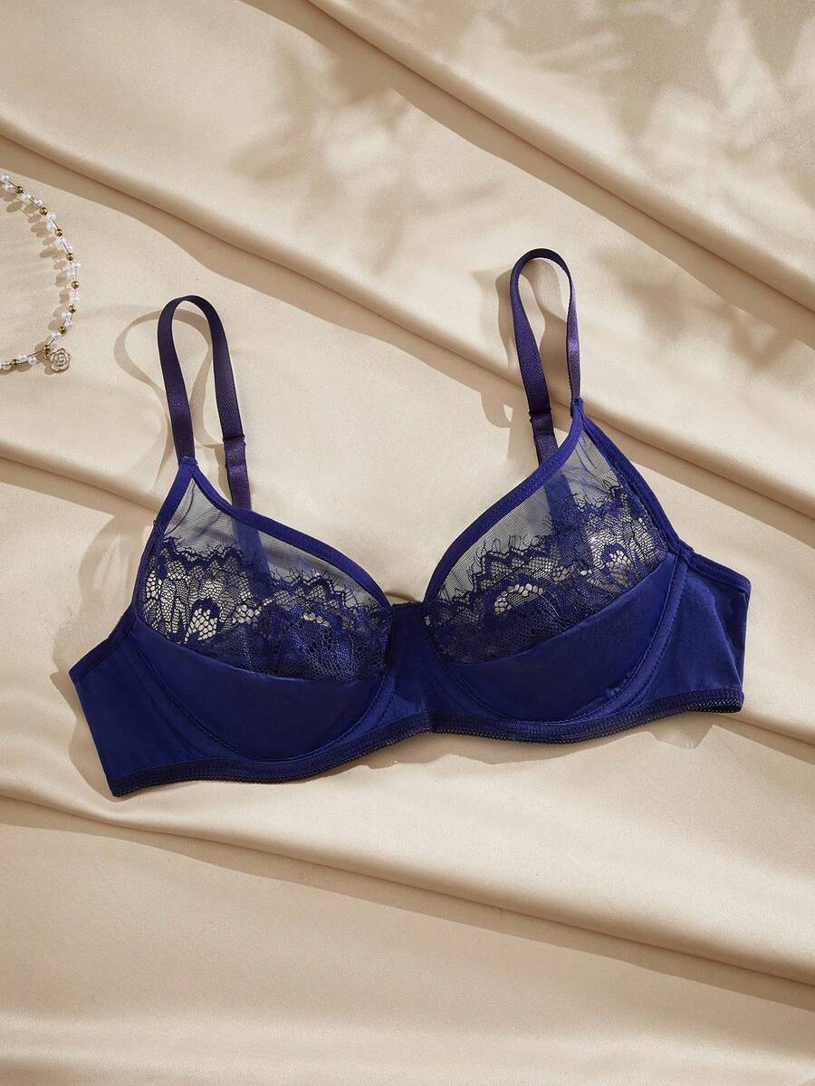 Charlaine صدرية بحمالات دانتيل رومانسية فرنسية بتغطية كاملة وسلك داخلي - أزرق بحري - مشاهدة 1