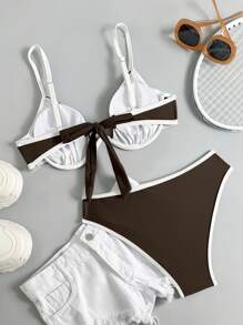 Swim Basics 2pcs/Set New Brown Steel Bra Strappy Back Tie Bow Elegant Sexy Bikini Swimsuit For Women For Summer Beach Vacation