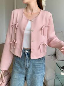 SHEIN 少女蝴蝶结装饰前扣圆领优雅长袖粉色夹克外套，适合春季、秋季、冬季、春节、聚会、派对、通勤，适合多种场合，返校 - 粉色 - 查看 1