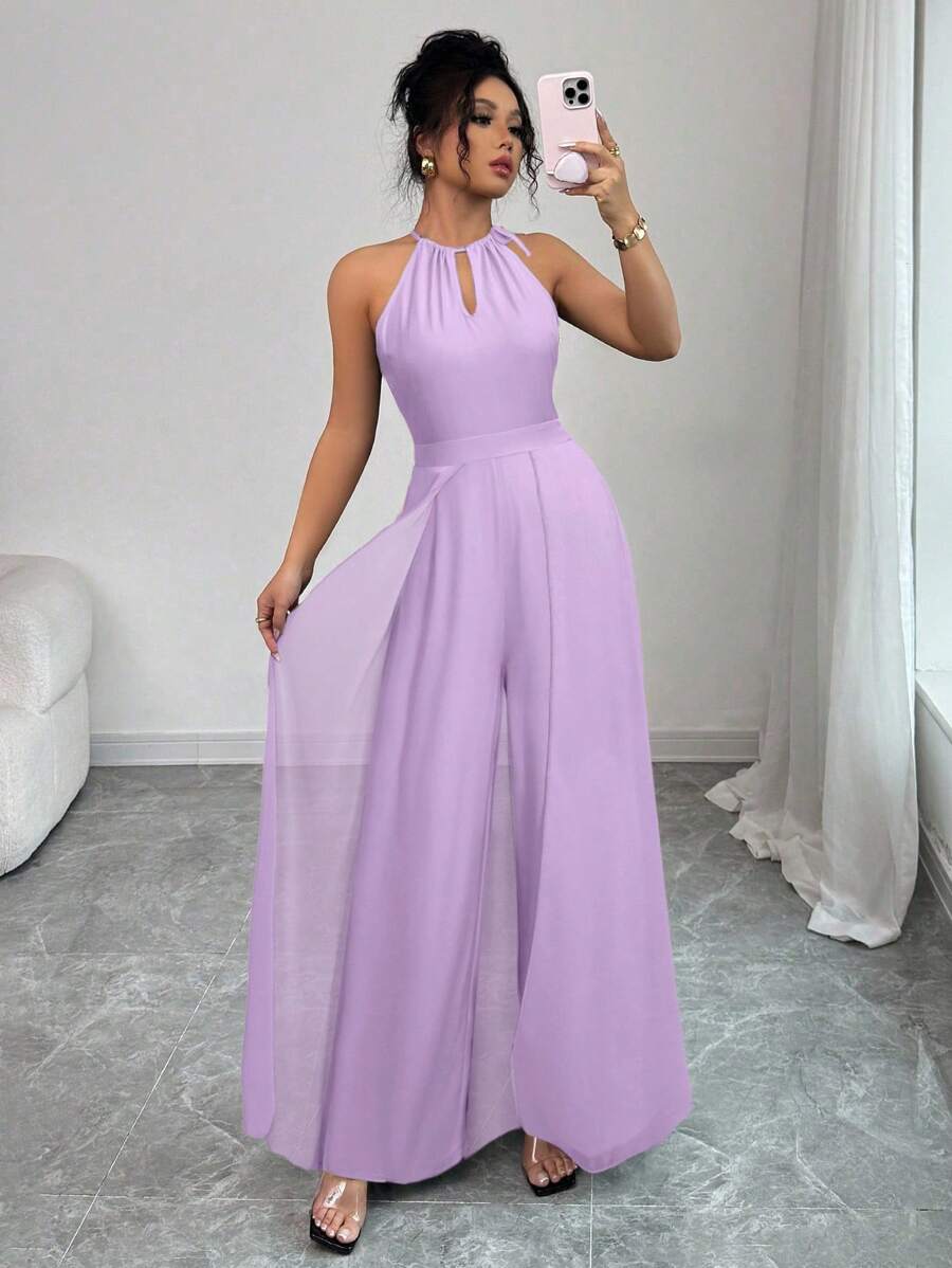 Elenzga Mono elegante de mujer para ir al trabajo, de cuello en V sin mangas, cintura con nudo, de gasa con patchwork, verde, efecto estilizador y con fondo transparente - Morado - Ver 1