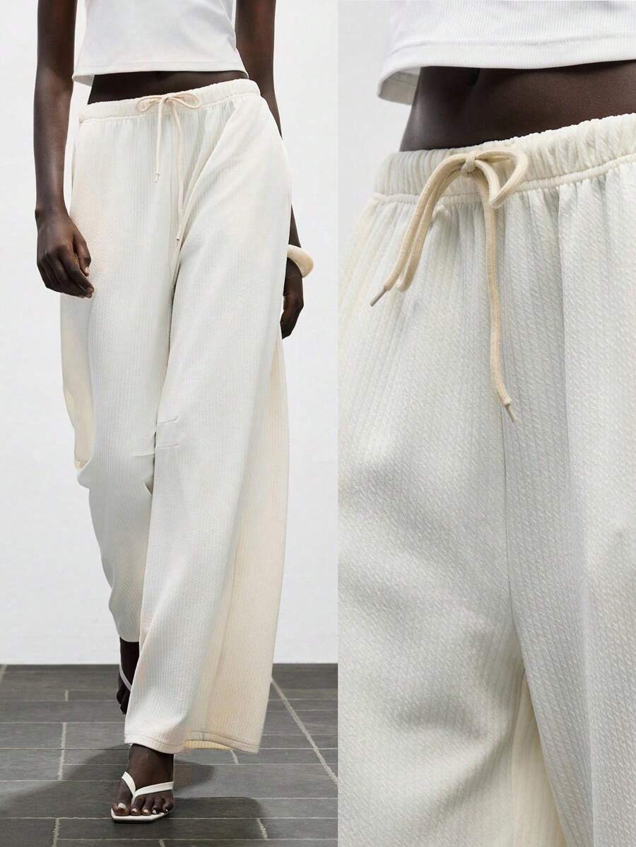 Lumivelle Solid Color Knit Textured Waist-Cinched Drawstring Women's Sweatpants Clothes For University Fall Cloth For Women - Apricot - View 1