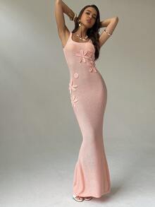 Aloruh 全新时尚年轻度假风格低胸修身纯色3D花卉装饰腰部收腰粉色露背A字长款针织连衣裙 - 粉色 - 查看 5