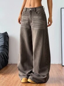 SHEIN PETITE CURVE Plus Size Summer Fall Clothes Autumn Clothes Back To School Homecoming Cute 2000s Style Kawaii Y2k Airport For Women Modest Old Money Tulum Grunge Korean Style Washed Wide Leg Brown Jeans Baggy Jeans Wide Leg Pants Woman,Fall Clothes For Women