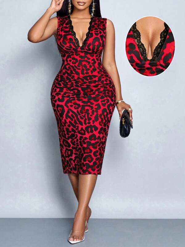 SOLERSUN Plus Size Women's Contrasting Colored Lace Leopard Print Deep V-Neck Lantern Sleeve Slim Midi Dress, Elegant For Commuting, Casual Dating, Sexy Romantic Valentine's Day, Spring & Summer Fashion Sleeveless Holiday Party