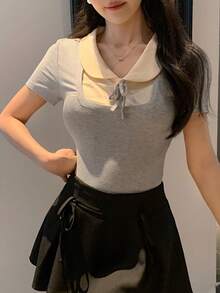 DAZY 女士圆领撞色前系带休闲短袖T恤 - 灰色 - 查看 1