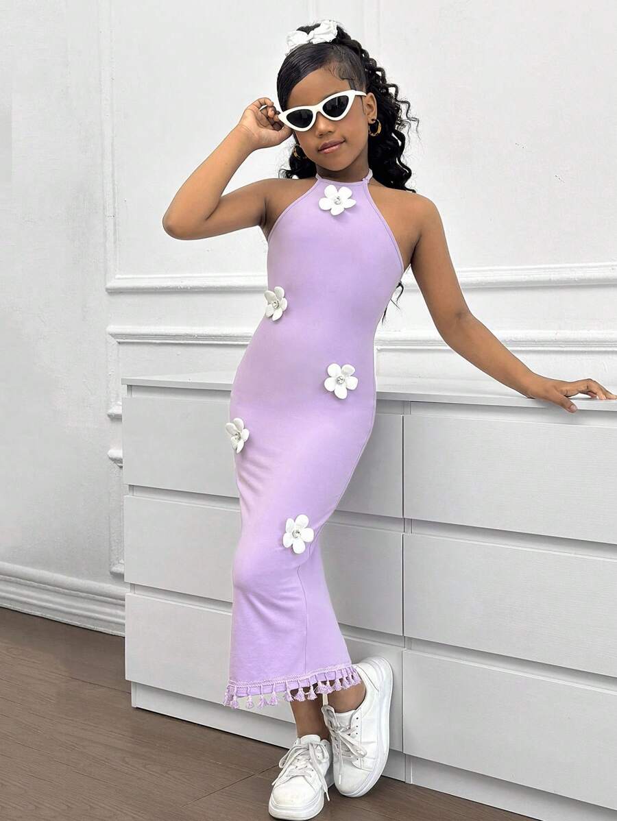 SHEIN Tween Girl Elegant Floral Print Halter Neck Snug Fit Vacation Dress - Mauve Purple - View 1