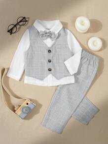 3 件套幼儿男童优雅舒适绅士服装套装，包括格子单排扣背心、松紧腰裤和蝴蝶结（不含衬衫），适合春秋季节、日常、户外、学校、派对、活动和拍照、男婴服装、男婴西装、男婴正装、婴儿洗礼服装、婴儿正式场合绅士服装 - 彩色 - 查看 4