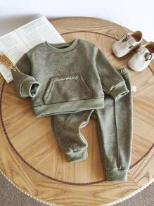 SHEIN 2 pezzi Abbigliamento casual quotidiano per bambino maschio neonato/bambino piccolo 0-3 anni, set di felpa girocollo a maniche lunghe + pantaloni della tuta, autunno/inverno - Cachi - Visualizzare 1
