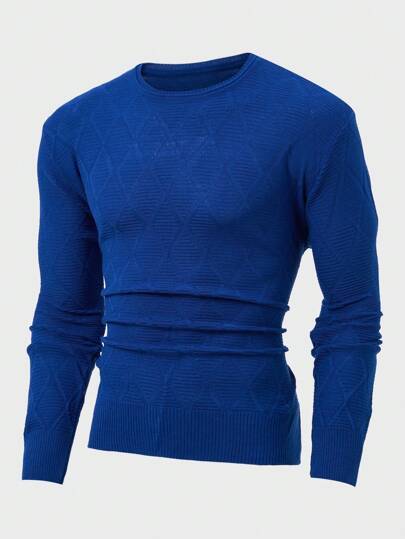 EURMUSE Heren geribbelde trui met geometrisch patroon en ronde hals