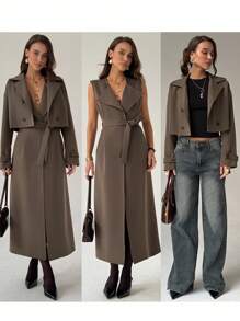 Aloruh 女士纯色翻领长袖短外套和无袖长外套秋冬休闲套装