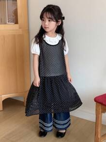 Dazy Kids Young Girl Polka Dot Print Ruffle Hem Sleeveless Dress - Black - View 1