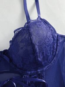 Snug Zone Valentine's Day Sexy Lace Contrast Mesh Ruffle Strap Bustiers And 4pcs Set With Mesh Stockings Underwear Outer For Going Out - Navy Blue - View 6
