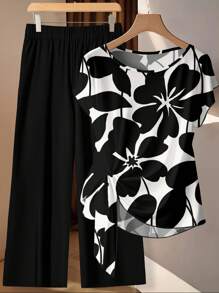 EMERY ROSE Multicolor Two-Piece Set For Women With Plant Print Blouse And Comfy Pants Two Piece Set Women Short Sleeve Blouse And Pants Set,Teacher Outfits For Women,Flower/Spring/Summer/Vacation - Multicolor - View 2