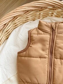 SHEIN Newborn Baby Girl Cute Casual Camel Color Thermal Lined  Jacket, Suitable For Autumn/Winter Baby Vest Toddler Vest Neutral Baby Clothes Baby Winter Clothes Brown Baby Vest Fall