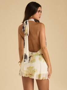 SHEIN BAE 女士优雅花卉印花露背迷你吊带连衣裙，夏季