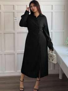 Dazy Plus Plus Size Women's Solid Color Lapel Oblique Placket Side Slit Long Sleeve Casual Mid-Length Dress - Black - View 5