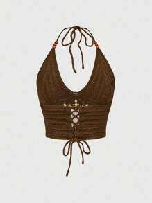 ROMWE Hippie Top tricoté noir avec broderie de lune, d'étoiles et de cœur, style bohème gothique hippie pour vacances, pour femmes