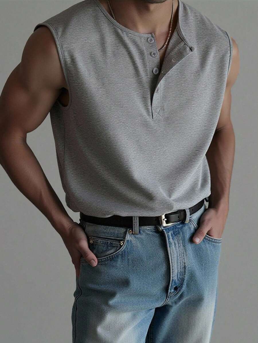 Manfinity Dauomo Áo ba lỗ trơn màu đa năng thường ngày dành cho nam - Xám - Xem 1