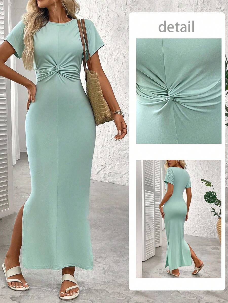 Chiquease 女士优雅前扭针织休闲工作中长连衣裙