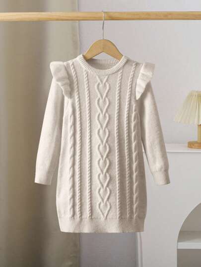LMoss Kids LMoss Kids Young Girl Crew Neck Long Sleeve Patchwork Ruffle Textured Knit Sweater Dress, Suitable For Casual Daily Wear With Certain Warmth, Autumn/Winter Fall