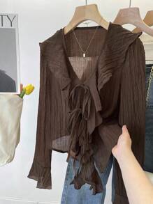 INAWLY Plus Size V-Neck Pleated Ruffle Tie Front Blouse Fall Cloth For Women - Coffee Brown - View 3