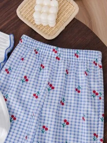 SHEIN Genkimix Kids Young Girls Cherry Print Short Sleeve T-Shirt And Plaid Pants Casual Outfit,Gingham Summer Family Matching Kids Set - Multicolor - View 6