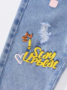 SHEIN Kleine Mädchen Jeans mit leichter Waschung, Buchstaben- und Gesichtsprint, mehrteiliges Design, verjüngte Form, geeignet für Schule, Schulanfang, Wochenendausflüge und Treffen mit Freunden - Helle Waschung - Übersicht 6