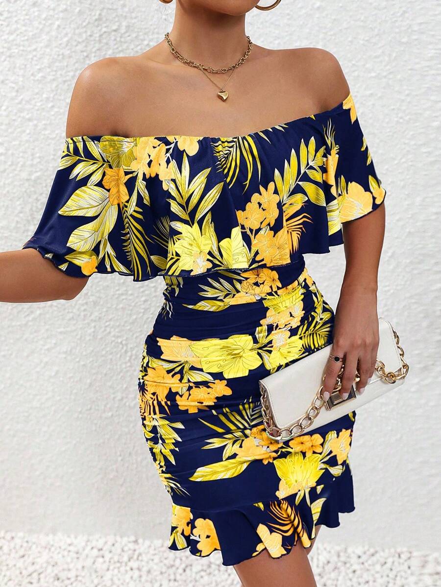 Selianne Đầm bodycon trễ vai bèo nhún in họa tiết nhiệt đới cho trang phục đi biển dành cho nữ - Màu xanh hải quân - Xem 1