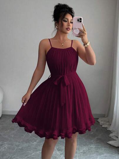 Elenzga Sleeveless Square Neck Camisole Ruched A-Line Flounce Hem Elegant Romantic Women Dress