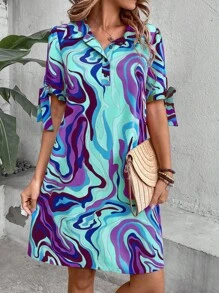 EMERY ROSE 女士扎染印花休闲度假连衣裙 - 藍色 - 查看 3