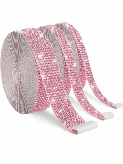 Pink Self-Adhesive Sparkling Crystal Rhinestone Diamond Ribbon, Christmas Decoration Rhinestone Glitter Sticker, DIY Car Computer Makeup Table Crafts, Wedding Party Decoration Sticker Packaging Roll